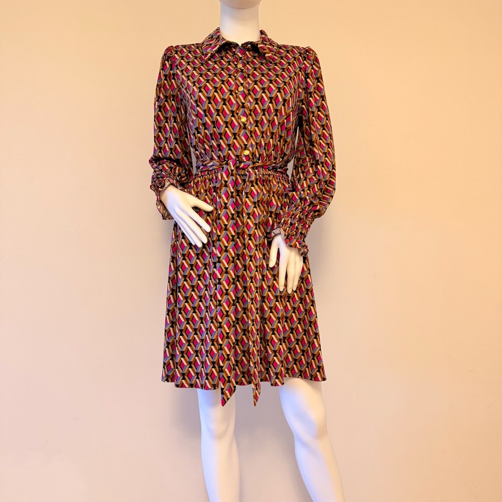 Emma‎ & Michele Women's Geometric Print Shirt Dress Long Sleeve Pink Tan Size M